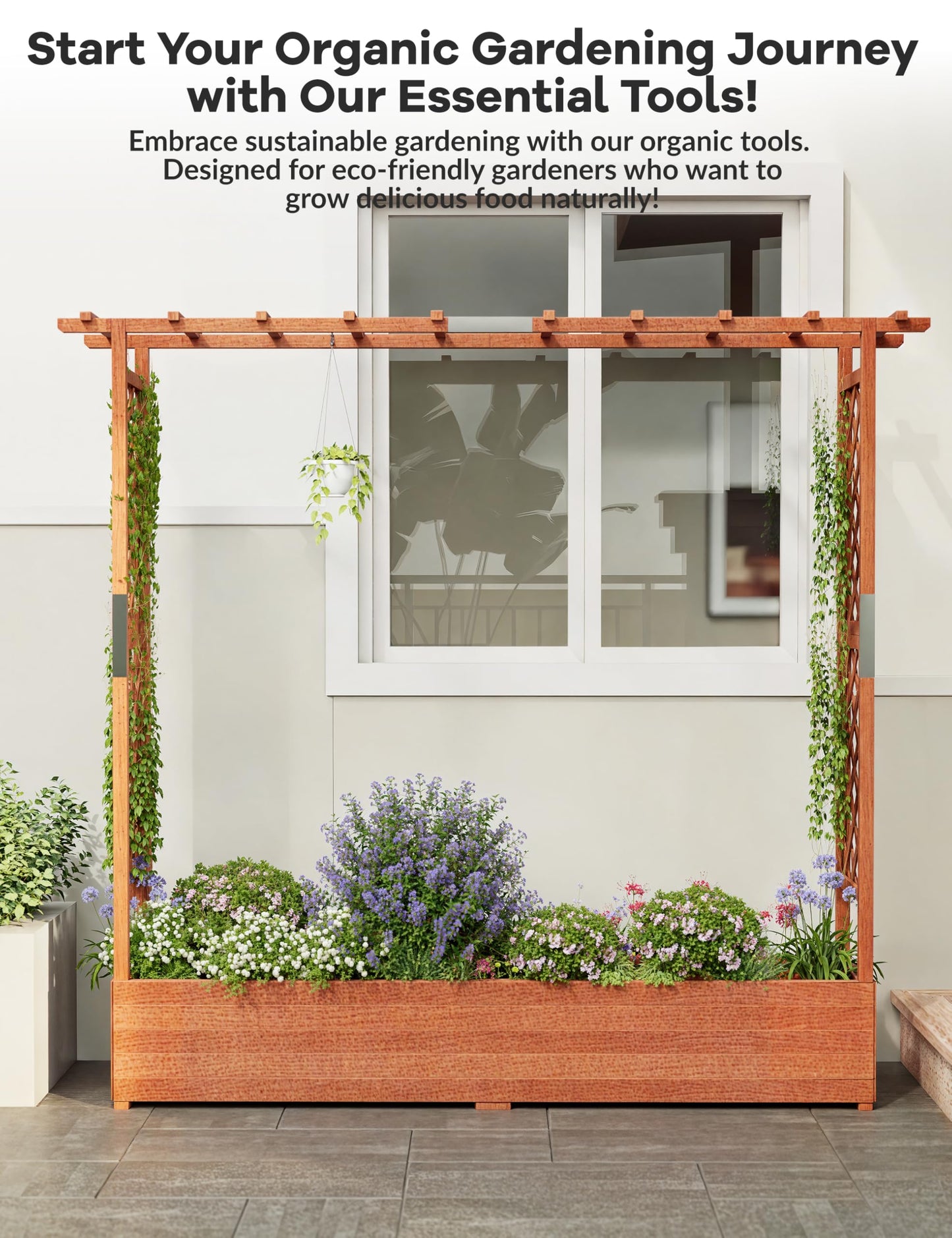 GarveeLife Raised Garden Bed with Trellis, 72 in Wood Planter Box with Side Trellis, Hanging Roof, and 4 Drainage Holes, Freestanding Elevated Garden Bed for Climbing Plants, Vines, Flowers