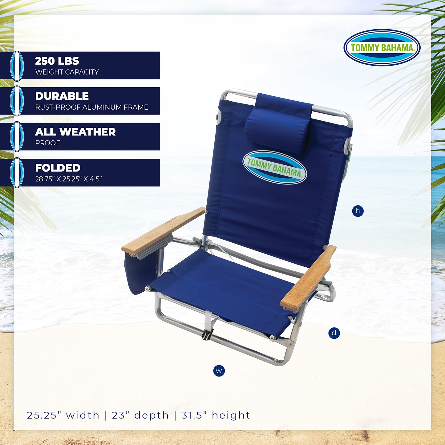 Tommy Bahama 5-Position Classic Lay Flat Folding Backpack Beach Chair, Polyester, Navy