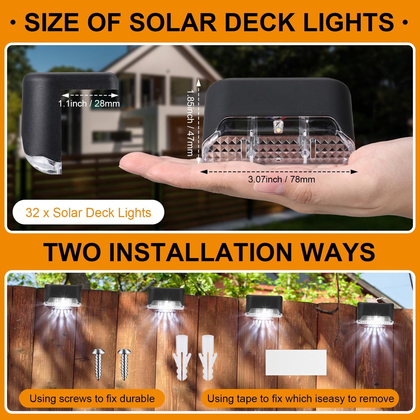 32 Pcs Solar Deck Lights Outdoor, Waterproof LED Solar Step Fence Lights for Stairs, Step, Railing, Patio, Driveway, Garden, Pathway and Yard(Black Shell Cool White Light)