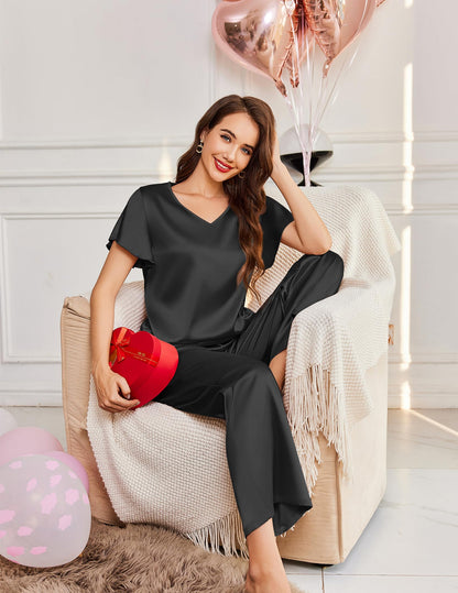 Ekouaer Women's Satin Silky Pajama Set 2 Piece Short Sleeve Shirt with Long Pants Pjs Sets Soft PJ Loungewear S-XXL