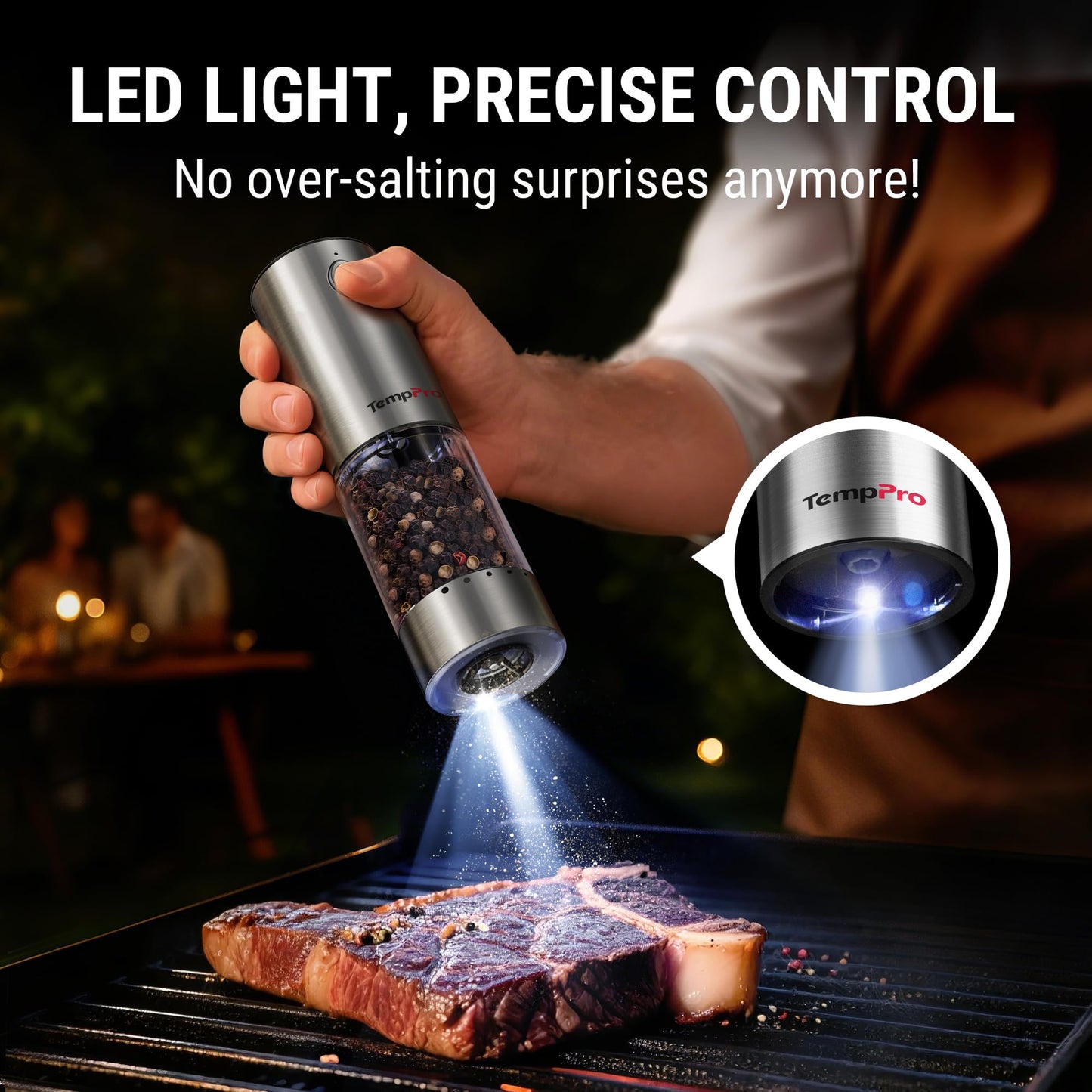 TempPro 100ml Electric Salt and Pepper Grinder Set Rechargeable, Automatic Pepper Grinder Shakers with External Adjust, Refillable Pepper Mill, Gift for Him Dad Father(Previously ThermoPro)