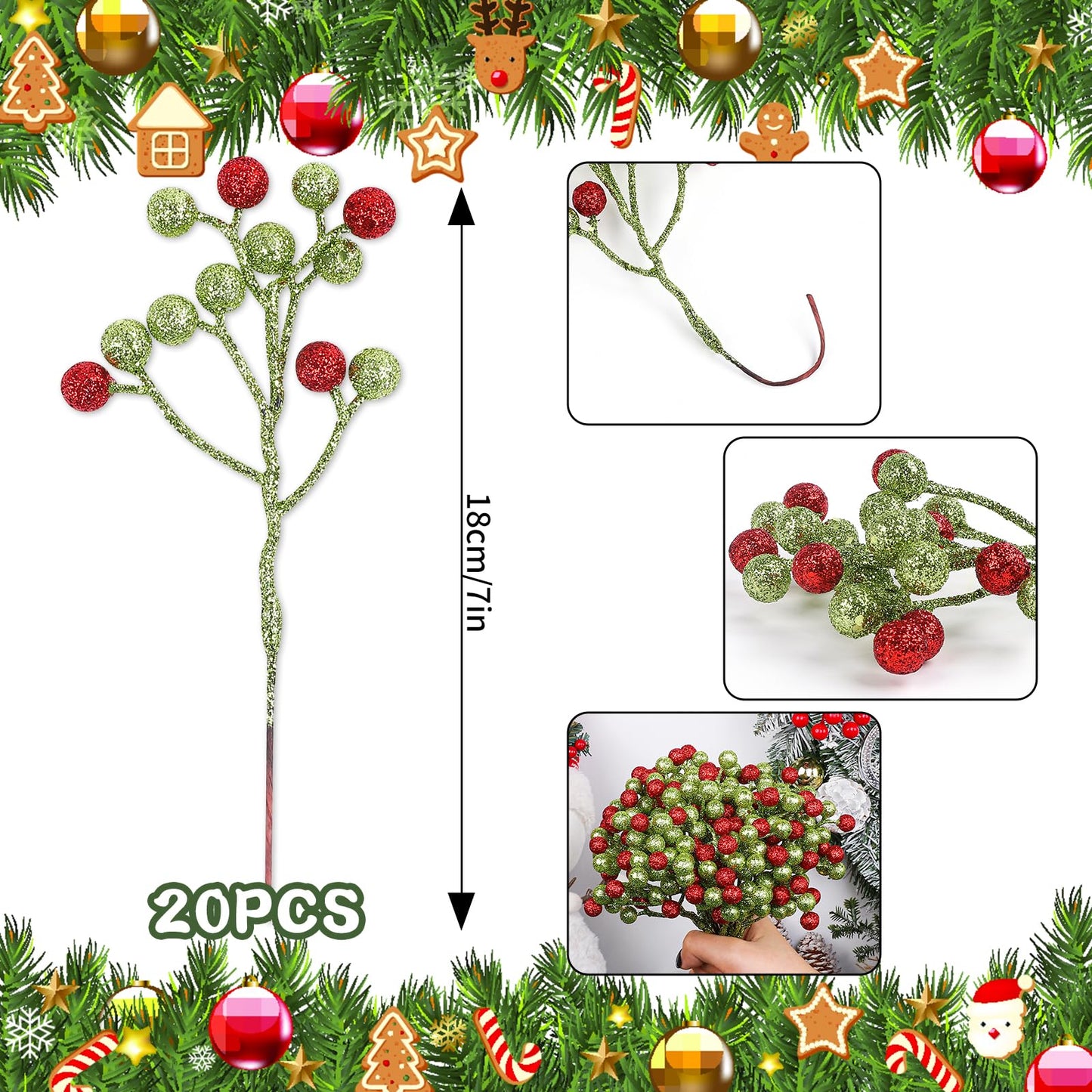 Fangoo 20 Pack 7 Inch Artificial Green Red Berry Picks for Christmas Tree Burgundy Green Red Berries Stems Holly Berry Branches Ornaments Wreath Crafts Wedding Holiday Season Winter Home Decor