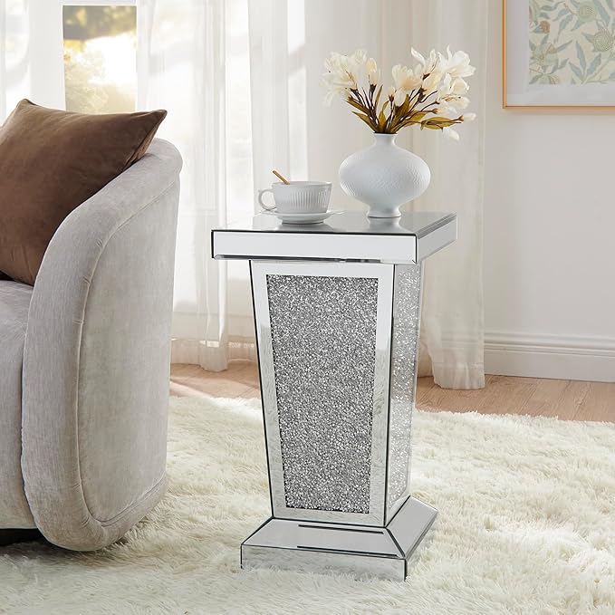 Silver Mirrored End Table with Crystal, Modern Side Accent Table, Square Small