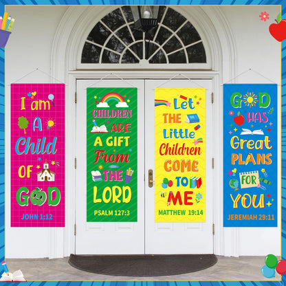 Panelee 4 Pcs Church Banners for Sanctuary Wall Rainbow Cartoon Church Banners with Scripture Inspirational Religious Praise Bible Verses Hanging Backdrop Signs for Sunday School Worship Decoration