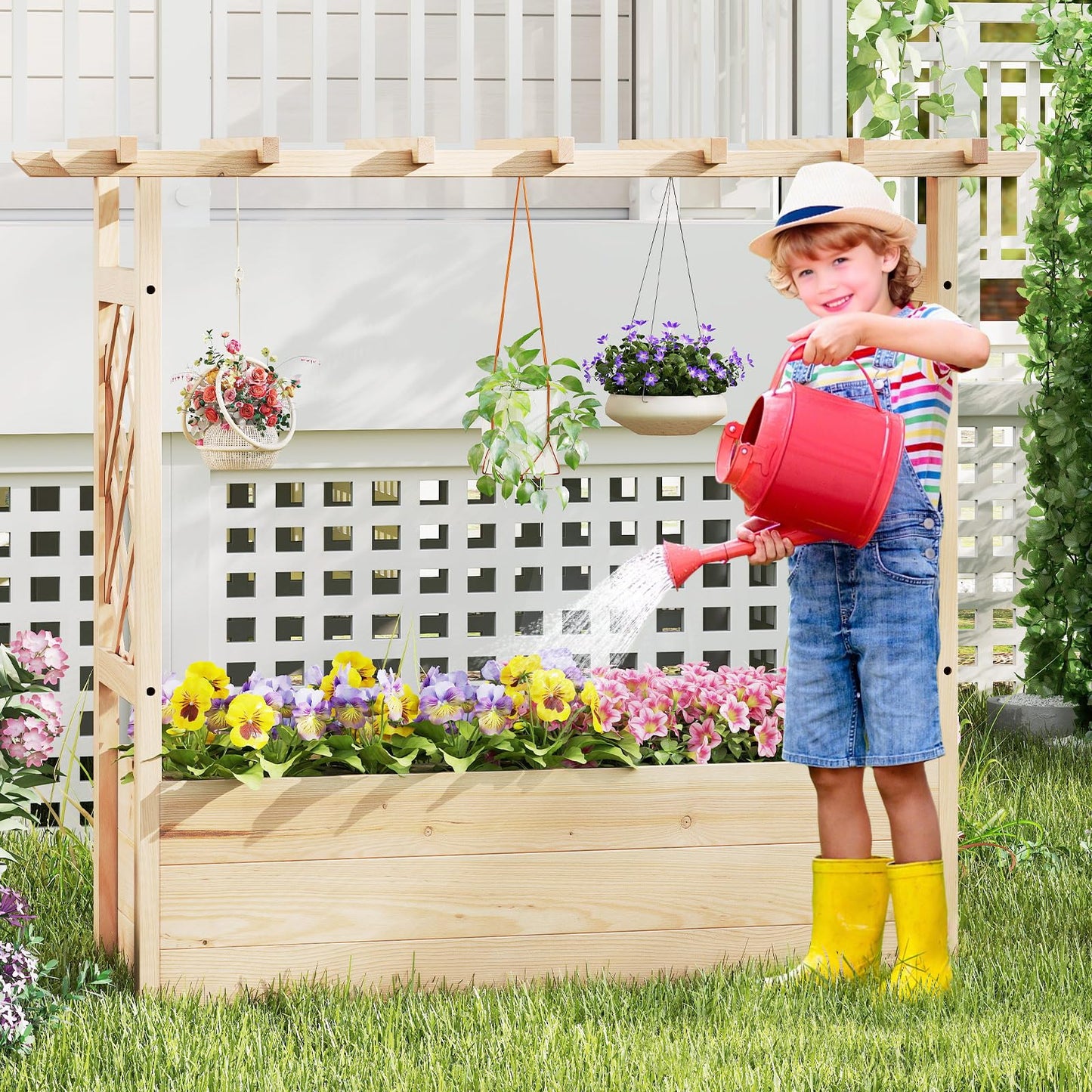 Giantex Raised Garden Bed with Sided Trellis & Hanging Roof, Wood Planter Box, Freestanding Garden Planter Raised Bed for Flowers Herbs Climbing Vines 45”x16”x41” (L x W x H)