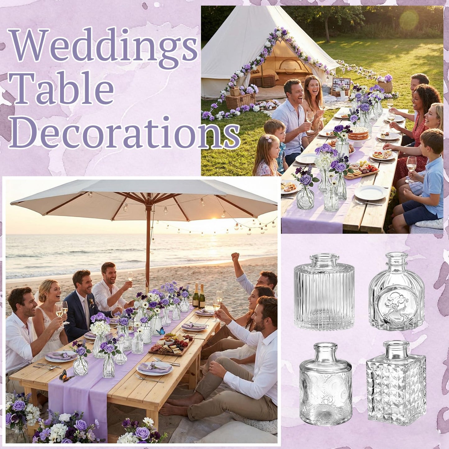 Ferrochef 36 Pcs Artificial Flowers Table Centerpiece with Vases Colorful Wildflower Centerpieces Silk Flower Arrangement for Wedding Baby Shower Table Centerpieces Party(Purple Series,Clear)