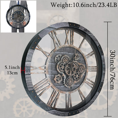 TOPPTIK 30 Inch Industrial Steampunk Wall Clock, Gray, Battery Operated, Real Rotating Gears, Solid Wood Frame, Oversized Wall Clock for Living Room Decor