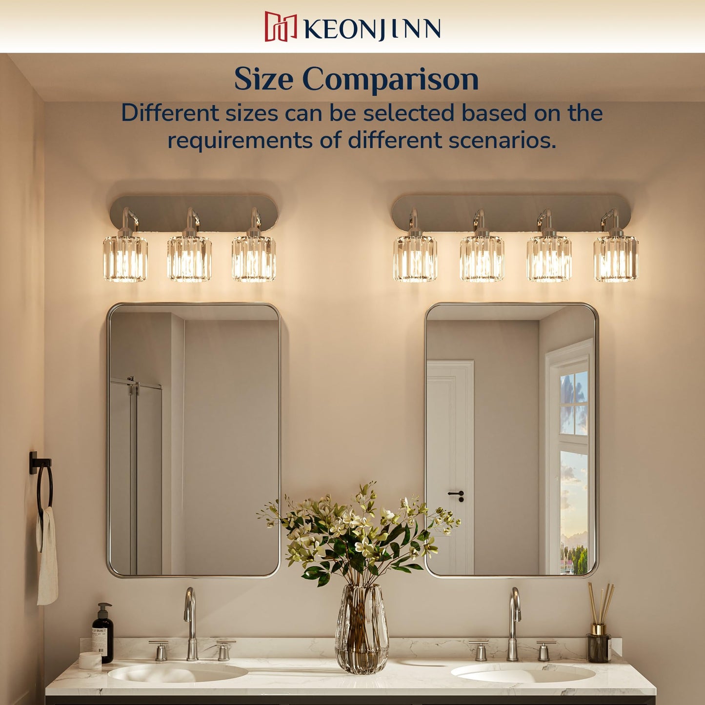 Keonjinn 5-Light Bathroom Light Fixtures, Crystal Chrome Bathroom Vanity Lights Over Mirror, Vanity Lighting Fixtures with Crystal Square Shades (E26 Socket, Exclude Bulb)