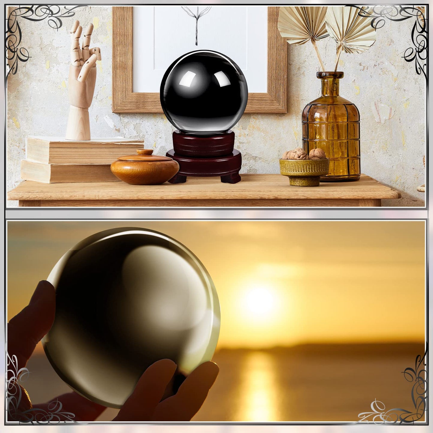 CHENGU 2 Pieces Obsidian Crystal Ball Set with Wooden Stand 80 mm and 20 mm Clear Crystal Ball Decorative Obsidian Sphere for Home Decorations Meditation Healing Witchcraft(Black)