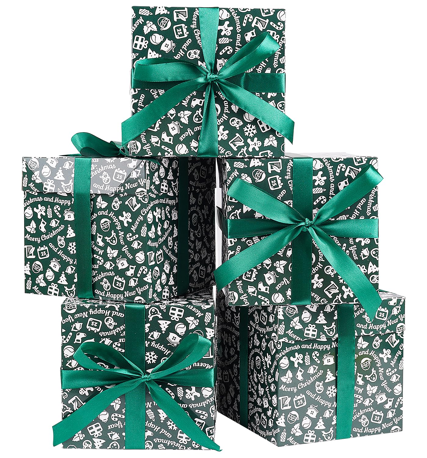 Jaywayang 5 Pack Green Christmas Gift Boxes with Lids, Ribbons and Tissue Papers Square Gift Boxes - 7.1 Inch - Presents Wrapping Christmas Gift Holiday New Year Party Favor Boxes.