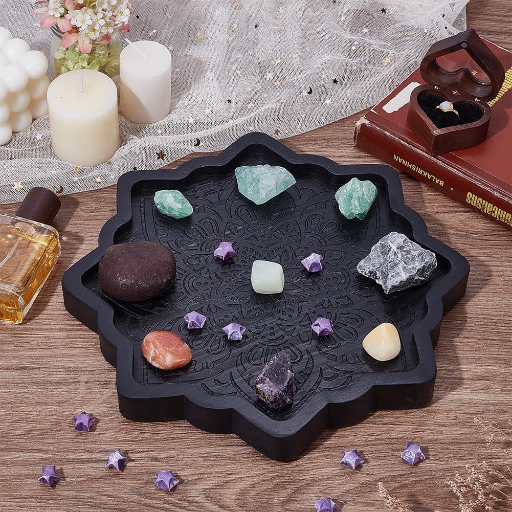 UNICRAFTALE Lotus Crystal Tray for Stones Mandala Stone Display Tray Crystals and Stones Flower Wooden Crystal Storage Holder Tray Black Fancy Decorative Jewelry Display Trays Organizer Bowl Decor