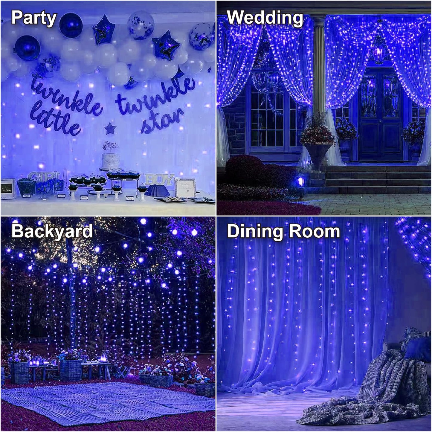 HXWEIYE 300LED Fairy Curtain Lights, 9.8x9.8Ft USB Plug-in 8 Modes Christmas String Hanging Lights with Remote for Bedroom Backdrop Wedding Indoor Wall Decor, Blue, Standard – 1 Pack