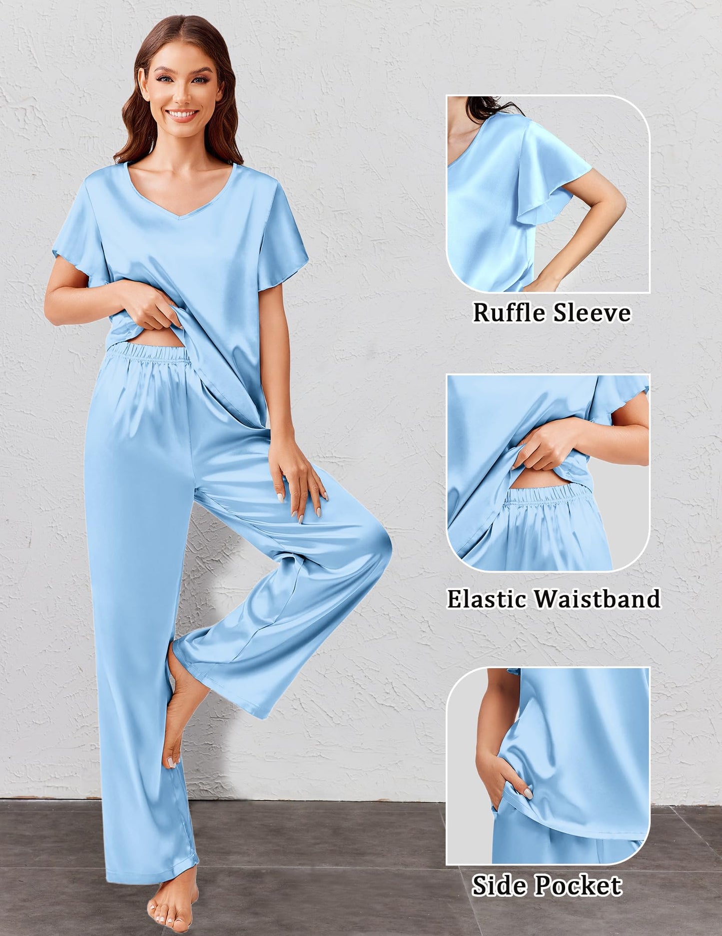 Ekouaer Women's Satin Silky Pajama Set 2 Piece Short Sleeve Shirt with Long Pants Pjs Sets Soft PJ Loungewear S-XXL