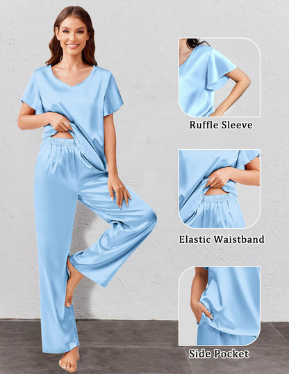 Ekouaer Women's Satin Silky Pajama Set 2 Piece Short Sleeve Shirt with Long Pants Pjs Sets Soft PJ Loungewear S-XXL