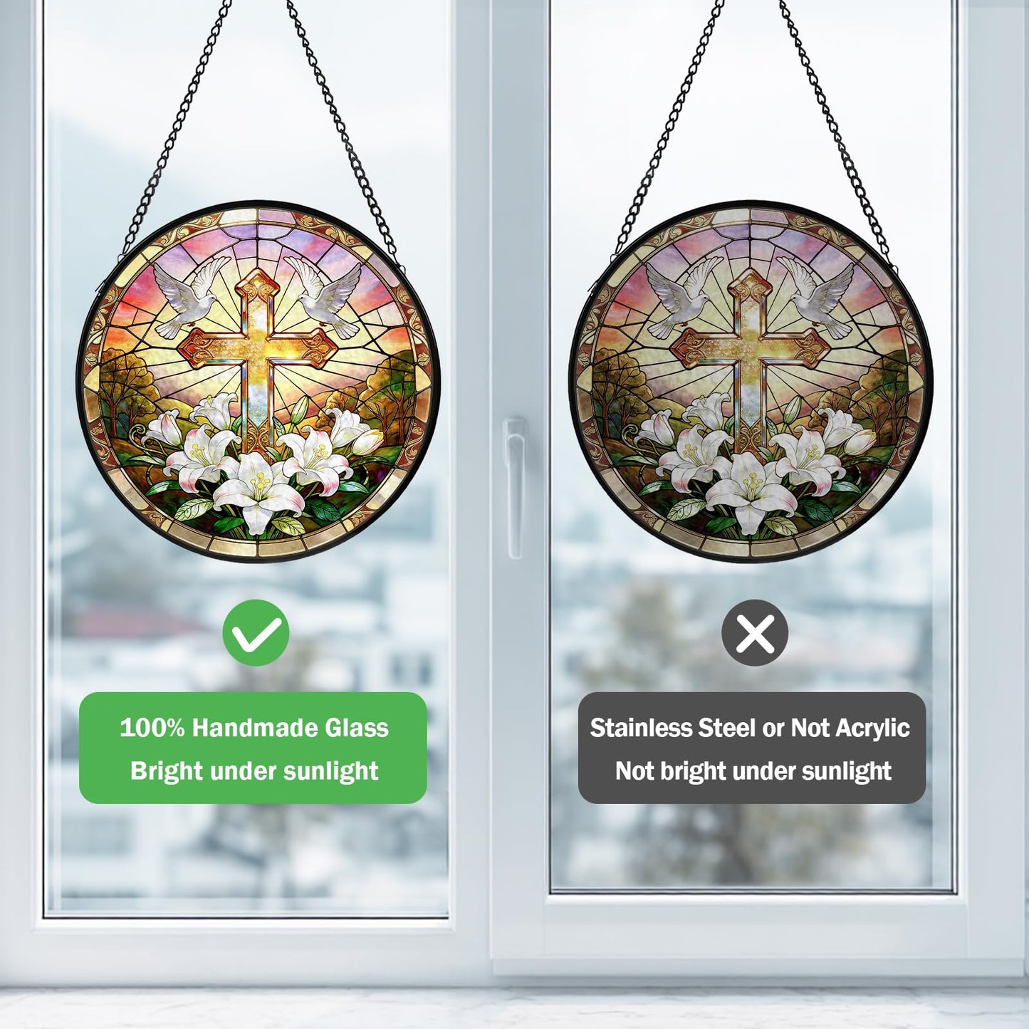 Cross Stained Glass Window Hanging, Flower Suncatcher Diamond Glass Panel Hangings, Sun Catchers Indoor Windows Wall Art Decor, Pastor Christian Gift, for Home Office 7.87 inches