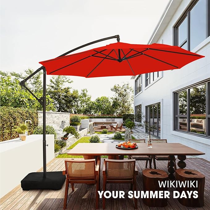wikiwiki 10ft Patio Umbrella with Base Included, Outdoor Offset Cantilever Umbrella, Infinite Tilt, Crank and Cross Base, Light Red