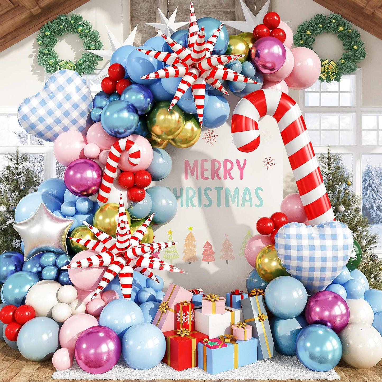 Christmas Balloon Arch, 133Pcs Red Pastel Baby Pink Blue Xmas Winter Wonderland Balloons with Metallic Gold Blue Pink Candy Cane Exploding Star Foil Balloon for Merry Christmas Party Decoration