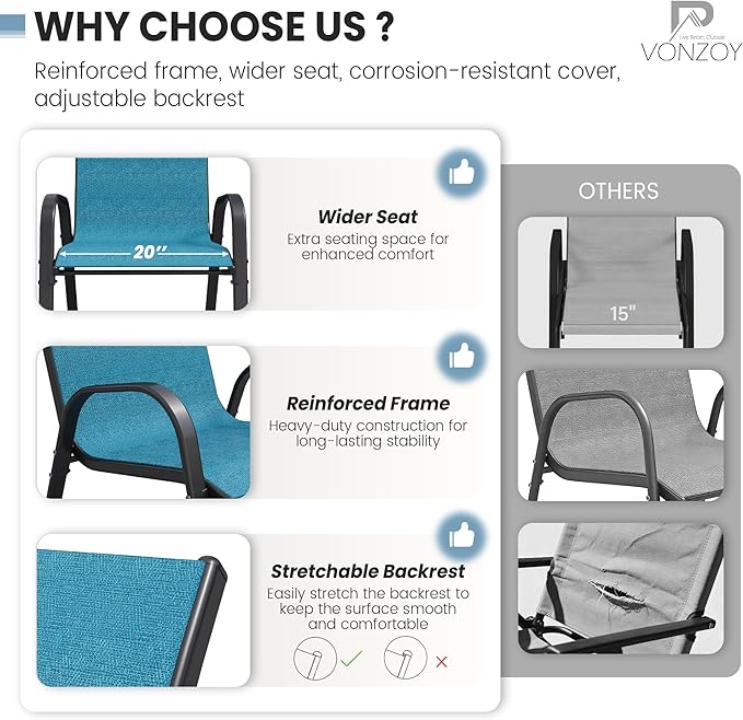 Patio Dining Chairs Set of 4, Stackable Dining Chairs High Back, Breathable Seat Fabric and Alloy Steel Frame Fit Backyard, Porch, Lawn，Poolside (Sky Blue)