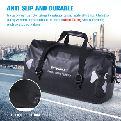 WILD HEART Waterproof Travel Bag PVC500D Double Base with Rope Strap and Inner Pocket 40L 66L 100L, Black, 40L, Waterproof Travel Bag