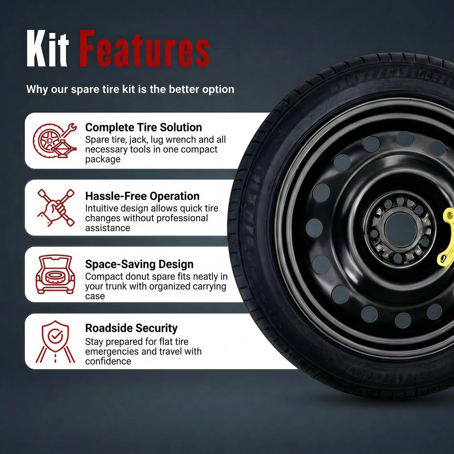 YIFSPARE Spare Tire Kit Compatible with 2021-2026 Tucson, Santa Fe, 2021-2026 Sportage, Carnival - Includes 18x4 Rim, 155/90R18 Spare, 29” Rolling Diameter, Includes car Jack kit and Carrying Case.
