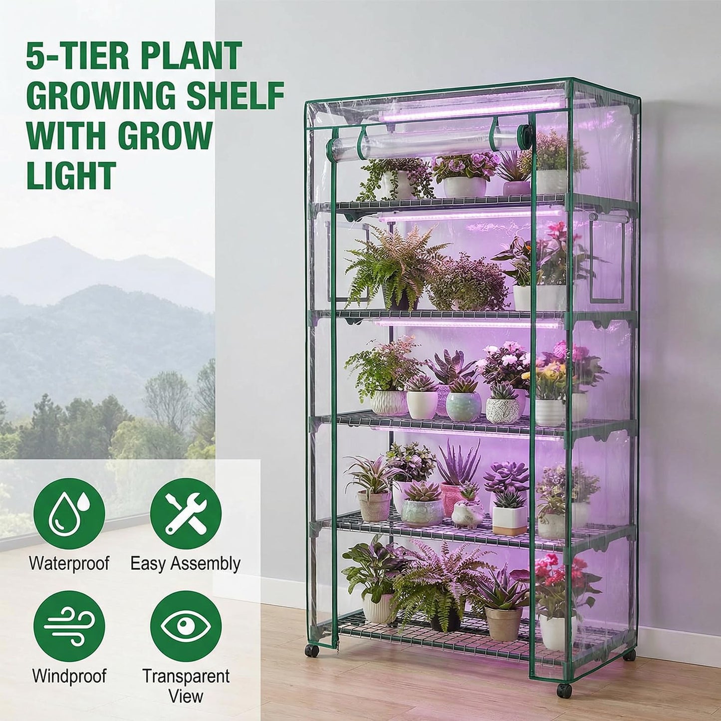 Indoor Greenhouse with Grow Lights & Wheels, 5 Tier Wire Shelf PVC Tent Portable Mini Green House Cabinet Kit for Plant Seed Starting Mushroom Grow