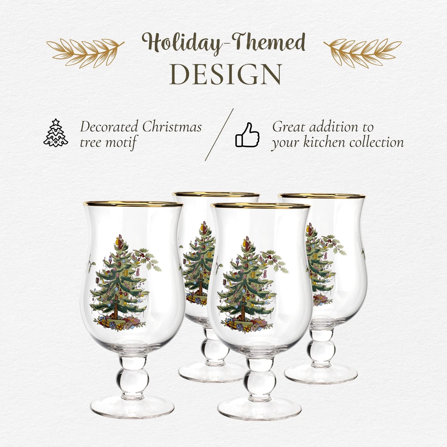 Spode Christmas Tree 17.5oz Tulip Glasses, Set of 4 - Gold-Rimmed Whimsical Holiday Glasses for Sparkling Wine & Champagne, Ideal for Holiday Brunches & New Year’s Celebrations