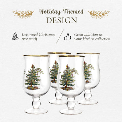 Spode Christmas Tree 17.5oz Tulip Glasses, Set of 4 - Gold-Rimmed Whimsical Holiday Glasses for Sparkling Wine & Champagne, Ideal for Holiday Brunches & New Year’s Celebrations