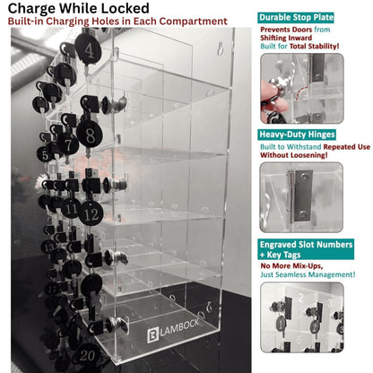 LAMBOCK Cell Phone Lock Box for Classrooms & Offices – 20-Box Charging Locker for Employees & Students, Portable Phone Jail Lockbox with Large 8x4x4 Boxes | Up to 100 Phones Capacity