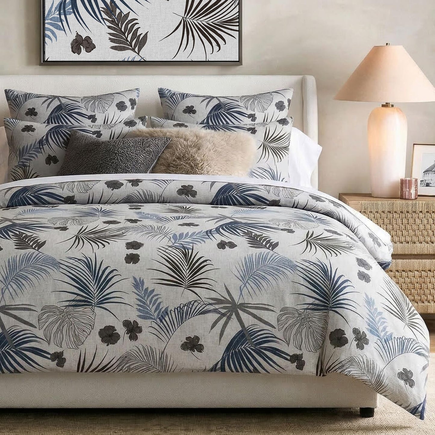 Bedorm 100% Cotton Duvet Cover Set King Vintage Floral Bedding Set Gray Blue Palm Tree Leaf Botanical Print Soft & Durable Duvet Cover with Zipper Closure