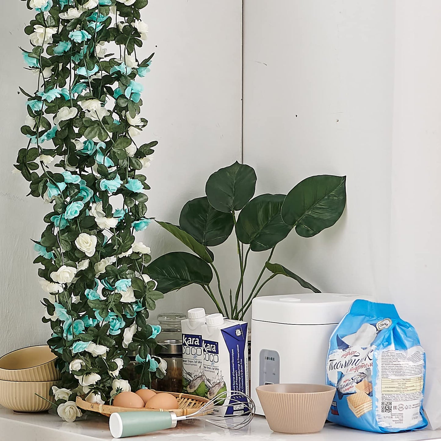 PONKING 8 Pcs x 8.2 ft Flower Garland Artificial Rose Vine Flowers with Green Leaves Hanging Fake Roses Vine for Room Party Home Wedding Birthday Christmas Wall Arch Decor, White Blue Flower