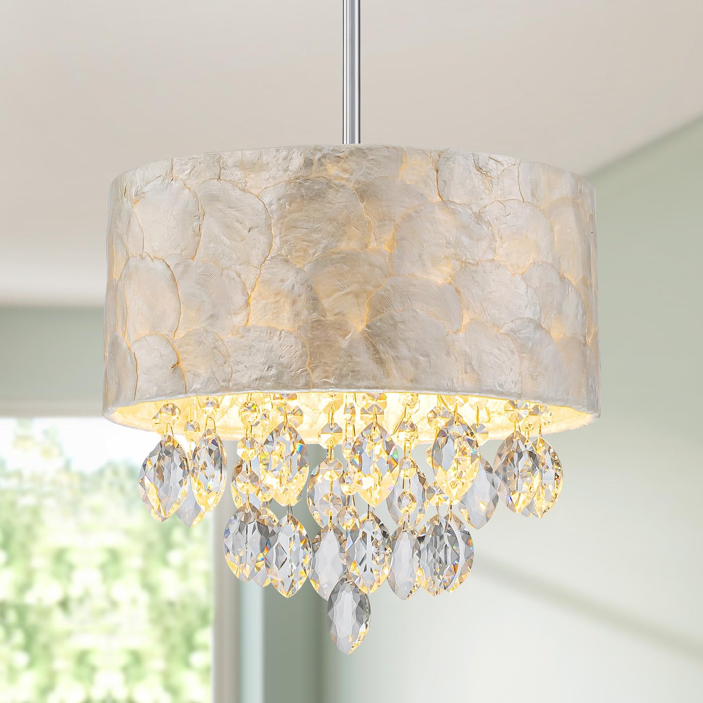 Pine Flicker 3-Light Drum Capiz Shell K9 Crystal Chandelier, Coastal Style Pendant Light Fixture for Dining Room, Living Room, D12 * H19~49 inch (Adjustable), Clear Crystal & Chrome Finish Frame