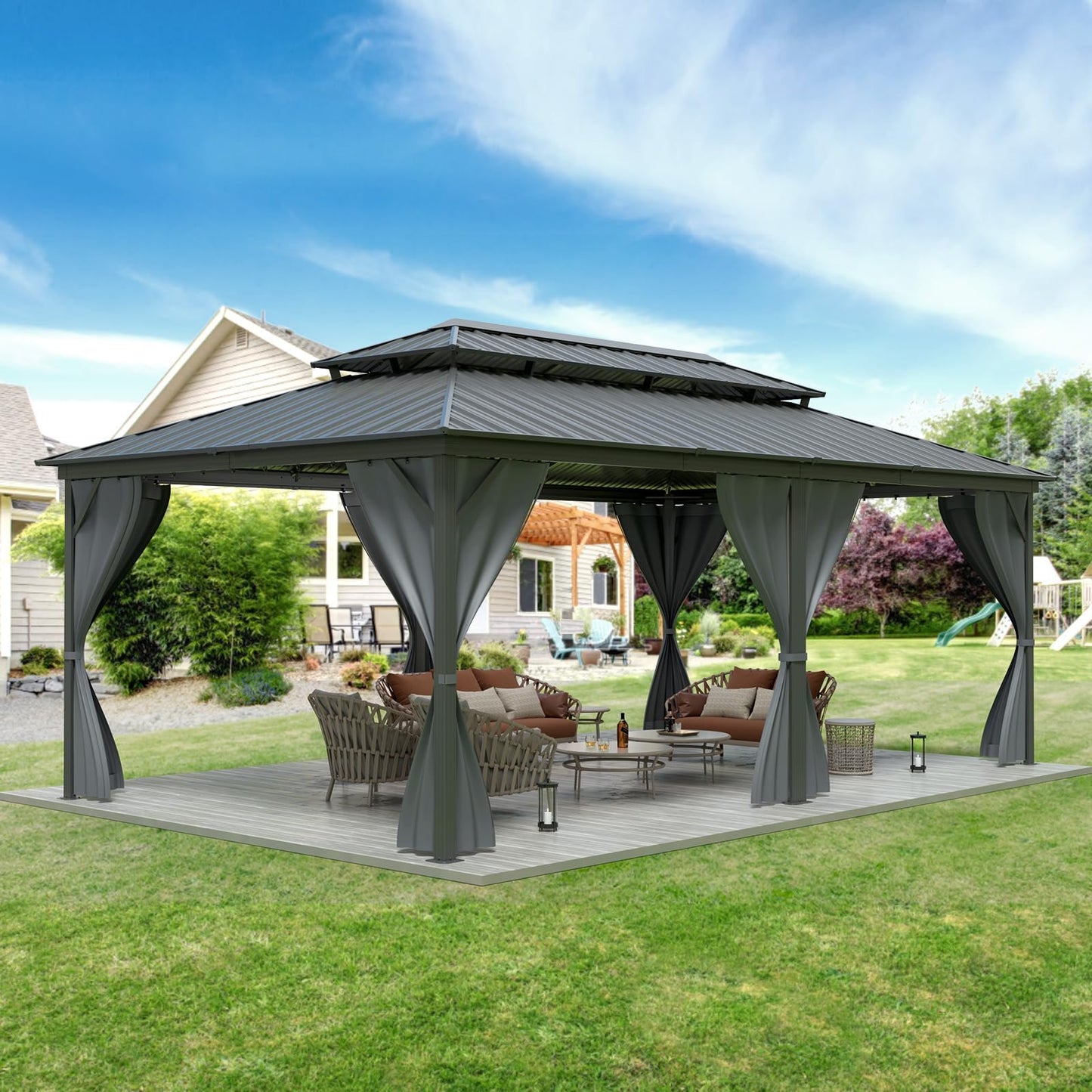 12' x 20' Heavy Duty Hardtop Gazebo, Gray Galvanized Steel Double Roof Canopy with Netting & Curtains – Ideal for Patio, Backyard, Deck & Lawn Gatherings
