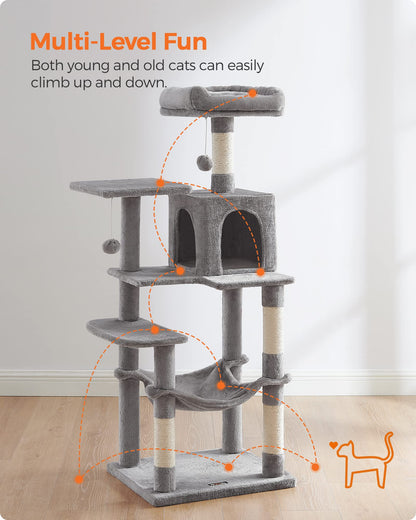 Feandrea Cat Tree, 143 cm Multi-Level Plush Cat Condo with 4 Scratching Posts, 2 Perches, Cave, Hammock, Pompoms, Light Grey