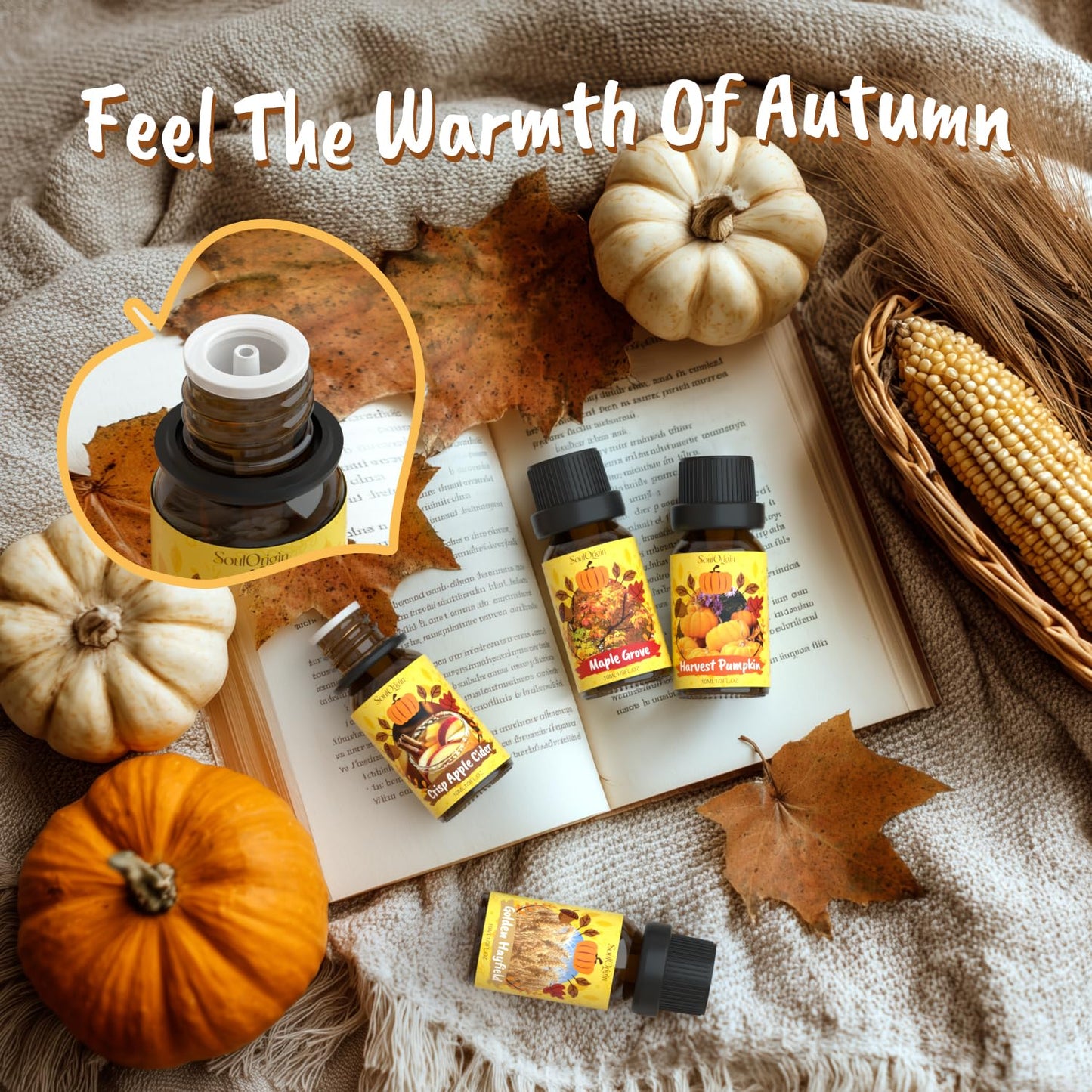 Soulorigin Harvest Fragrance Oils Set, Essential Oil for Diffuser, Fall Diffuser Oil, Use for Soap Candle Making-Crisp Apple cider, Pear&Honey, Golden Hayfield, Maple Grove, Harvest Pumpkin,Autumn Fig
