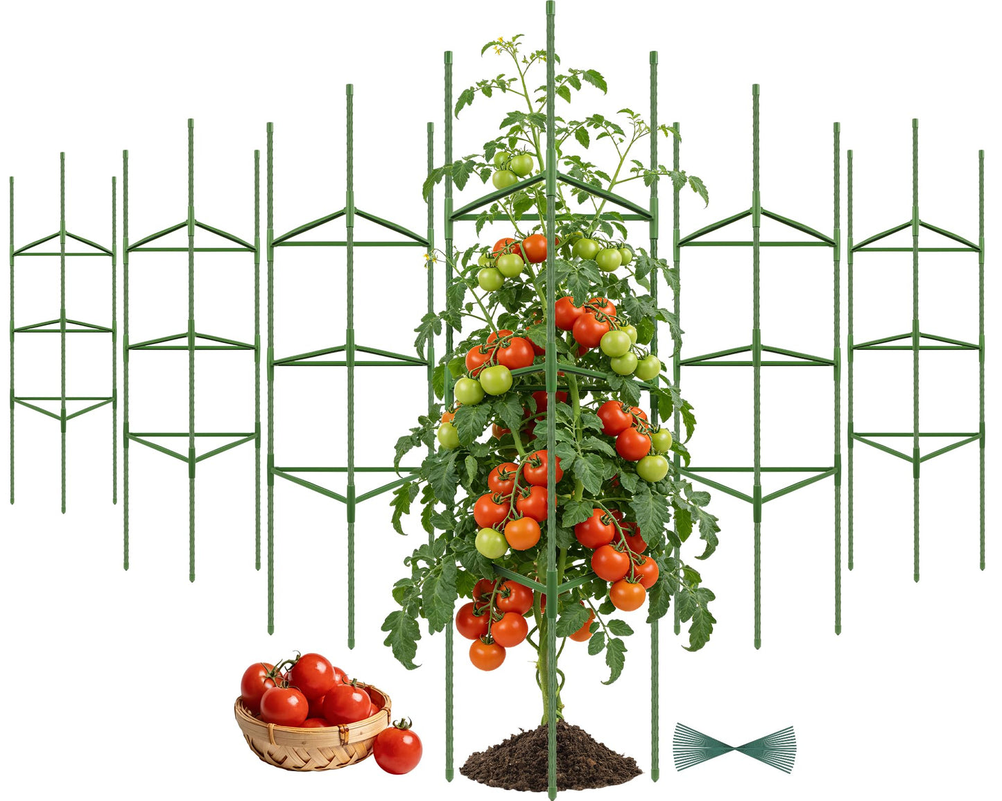 Tegarbed 6 Pack Tomato Cage for Garden Plant Supports, Up to 53 Inch Tomato Trellis for Potted Plants, Heavy-Duty Garden Plant Stakes for Climbing Vegetables Plants Cucumber Peony Flowers, Green
