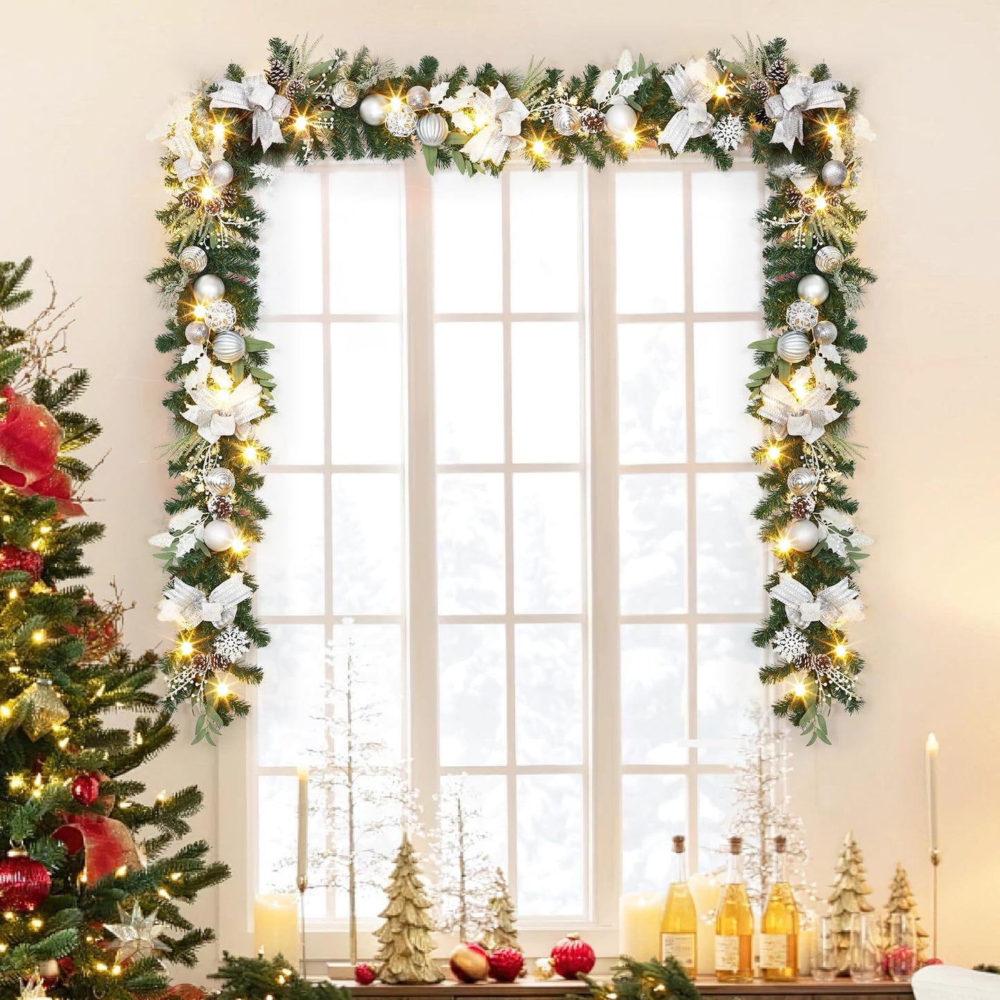 LinTimes 6 FT Pre-Lit Christmas Garland, Silver Lighted Xmas Garland with 20 LED Lights with Timer for Mantle Staircase Table, Winter Garland with Ribbon, Xmas Balls, Snowflake, Battery Operated