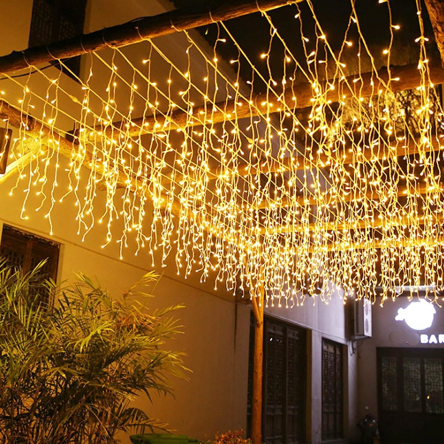 JAMISAY LED Icicle Lights, 8 Modes 19.7FT 150 LEDs Christmas Short Curtain Fairy Hanging Ceiling Extendable Lights for Wedding Balcony Doorway Outdoor Indoor Decoration Warm White, 6M05