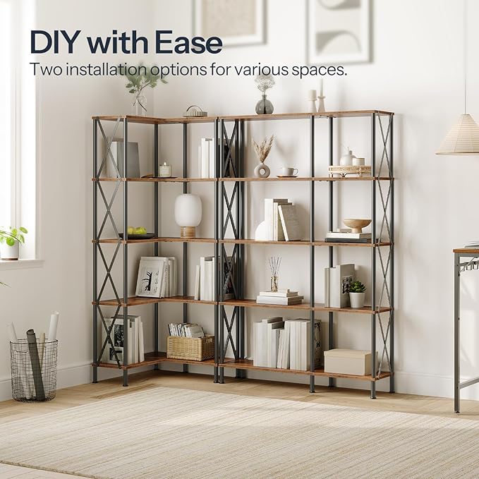 HOOBRO Corner Bookshelf, 5-Tier L-Shaped Bookcase, Industrial Open Display