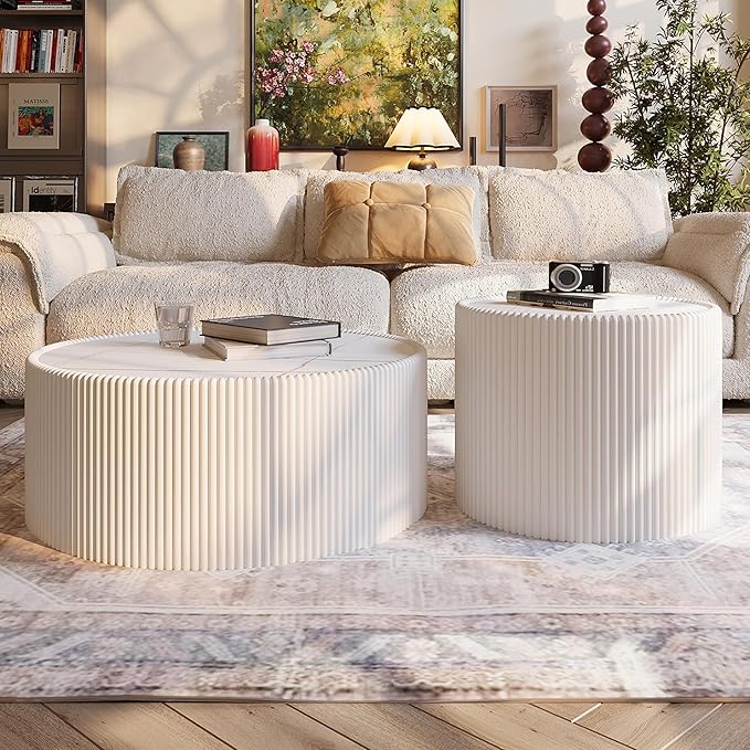 Round Marble End Table, 17.72" White Small Side Table