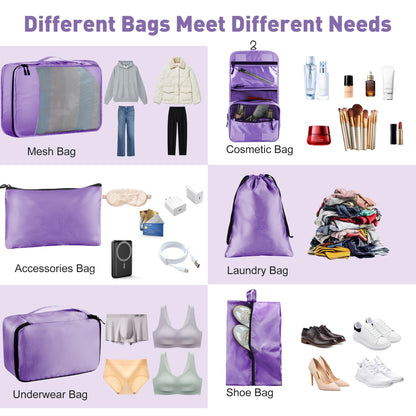 Toncoke 8 Set Packing Cubes for Travel Women Men Kids, Mesh Suitcase Organizer Bags Set for Luggage, 4 Sizes Extra Large, Large, Medium, Small, Travel Camping Essentials Accessories, Purple