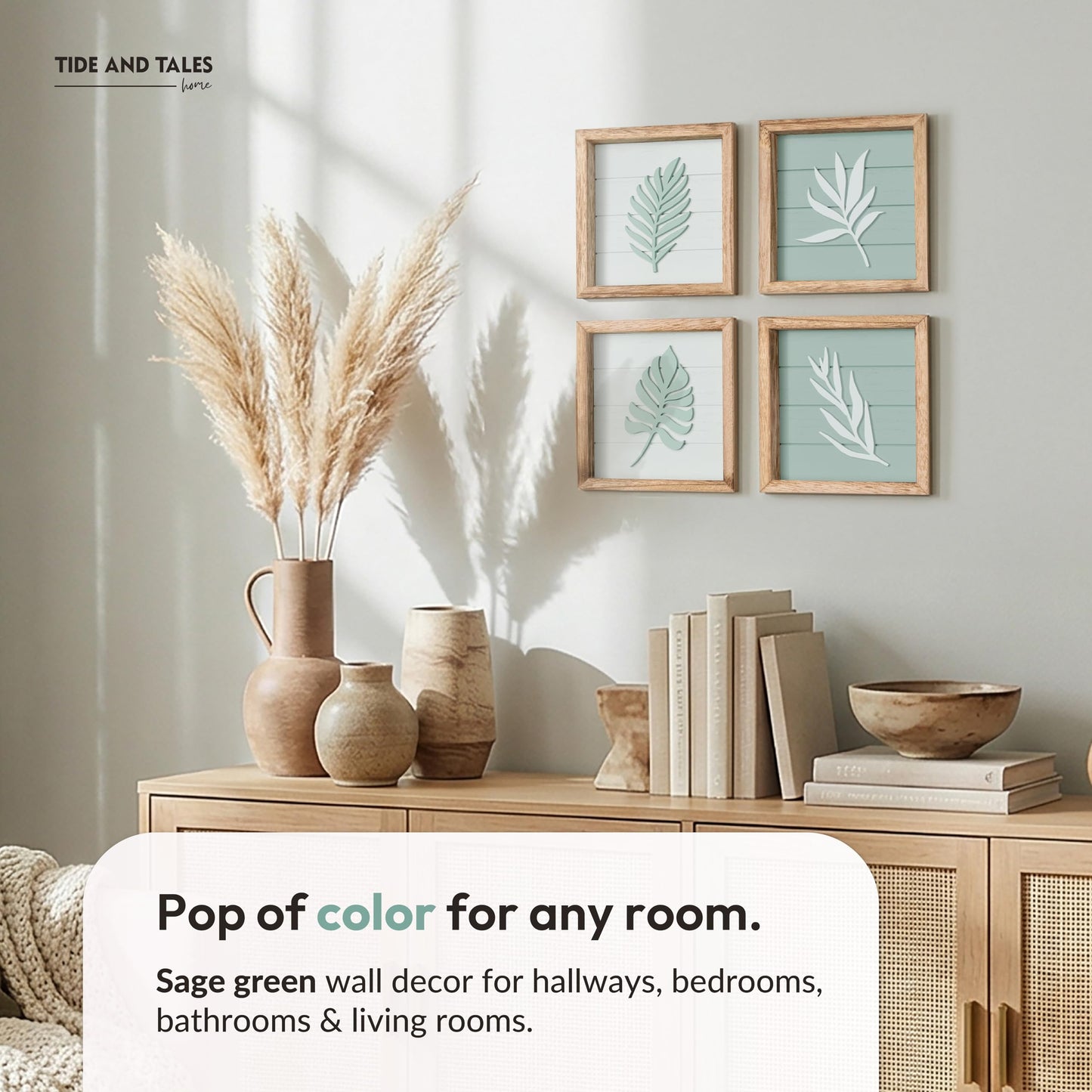 Tide and Tales 3D Sage Green Leaf Botanical Wall Art (Framed Set of 4) – Textured Boho Botanical Bathroom Art Wall Decor – Leaf & Plant Accent for Bedroom or Living Room 7"x7"