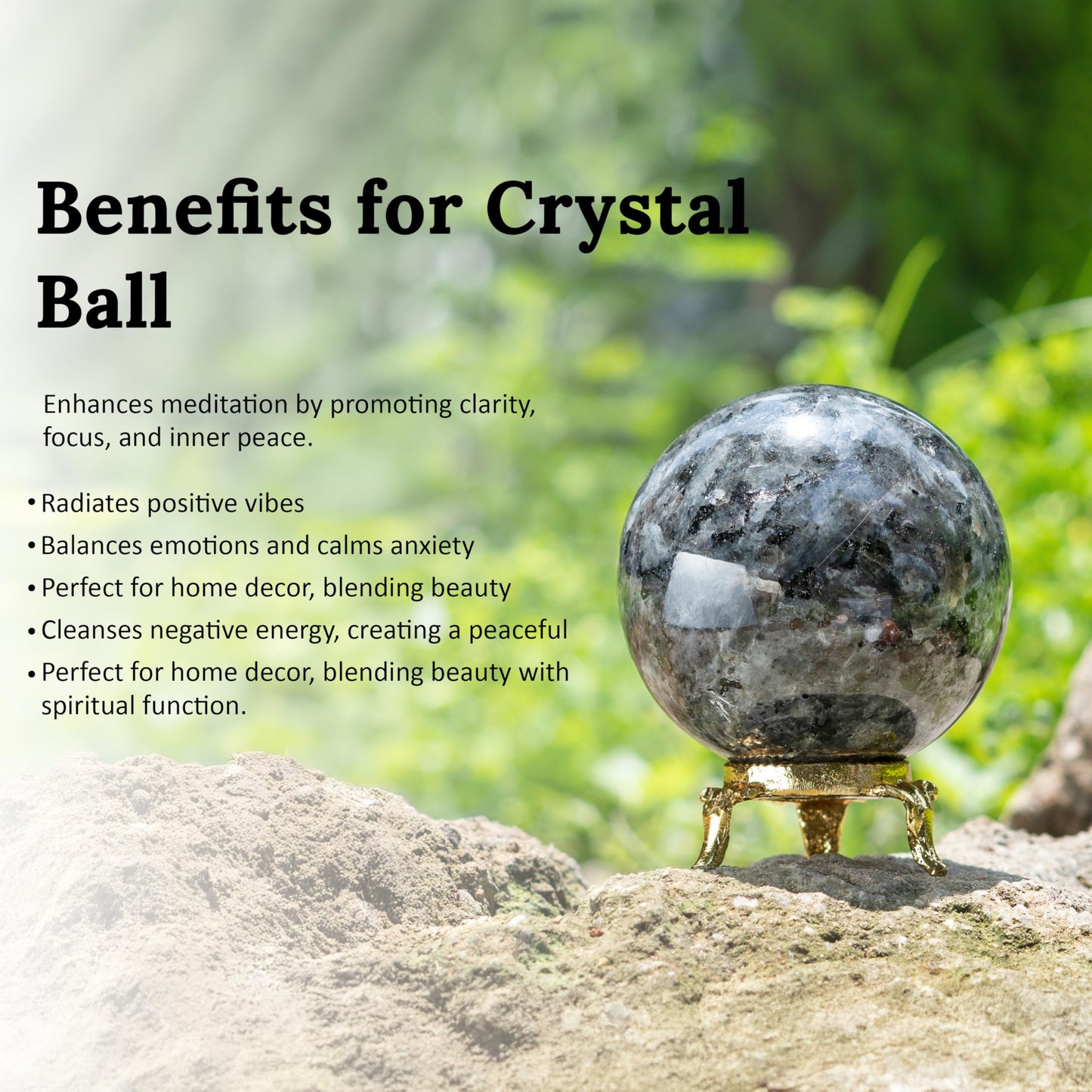 Crocon 50mm Larvikite Stone Sphere Ball with Metal Stand 1400+ Carats Gemstone Ball Healing Sphere Sculpture Figurine for Fengshui Divination Home Decoration Photography Crystal Sphere