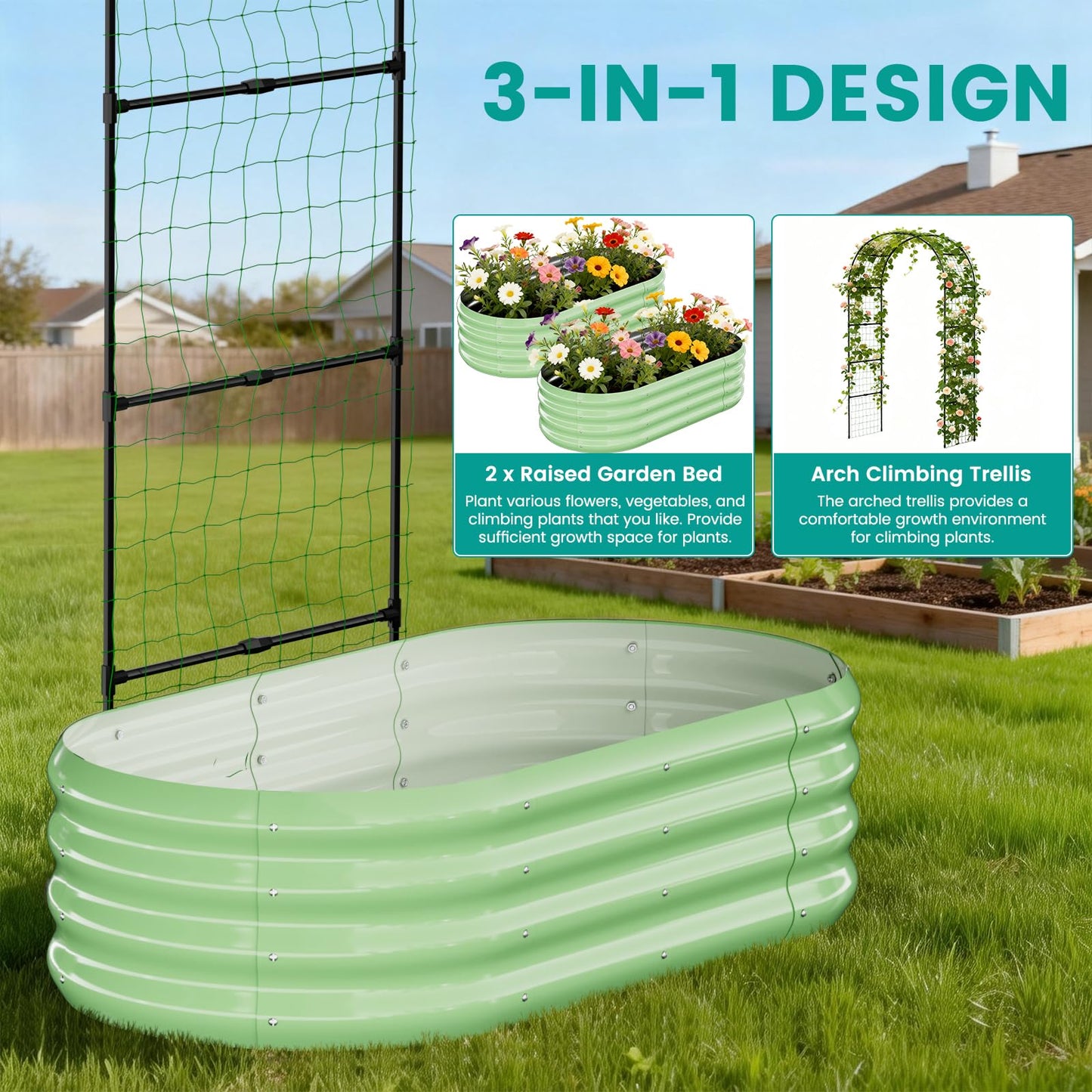 SUNYRISY Galvanized Raised Garden Bed with 87" H Arch Trellis for Climbing Plants Outdoor, Metal Planter Box with Netting for Gardening Flowers Vegetables Fruit Herb, Green