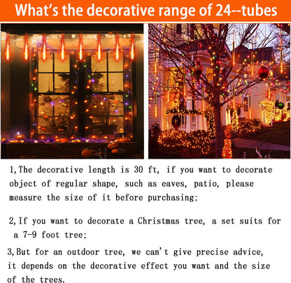 Halloween Lights, 24Tubes(Equivalent to 3 Sets of 8-Tubes) Purtuemy Meteor Shower Orange Lights Icicle String Lights for Halloween Christmas Decorations Tree Party Yard Outdoor Fall Decor, UL Plug