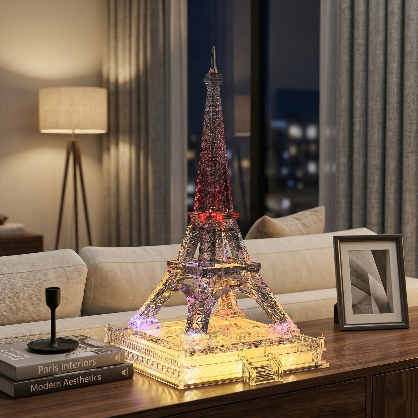 16.9in Tall Eiffel Tower Statue Clear Acrylic Figurine Torre Eiffel Decorations Paris Decor Centerpieces for Tables Home Living Room Shelf Mantel Tabletop Display Model with LED Light Crystal Finish