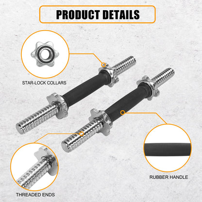 Threaded Dumbbell Rubber Handles 1 Inch Pair, 14" Adjustable Dumbbell Bar Handles, Fits Standard Weight Plates with 1” Diameter, for Gym Workouts, Exercise, Weightlifting, Sold in Pair