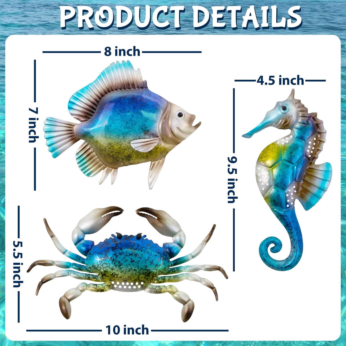 YNGFIL Metal Fish Seahorse Crab Beach Theme Wall Art, 10 Inch Set of 3 - Suitable for Outdoor Patio, Garden, Balcony, Pool and Indoor Bathrooms, Coastal Rooms