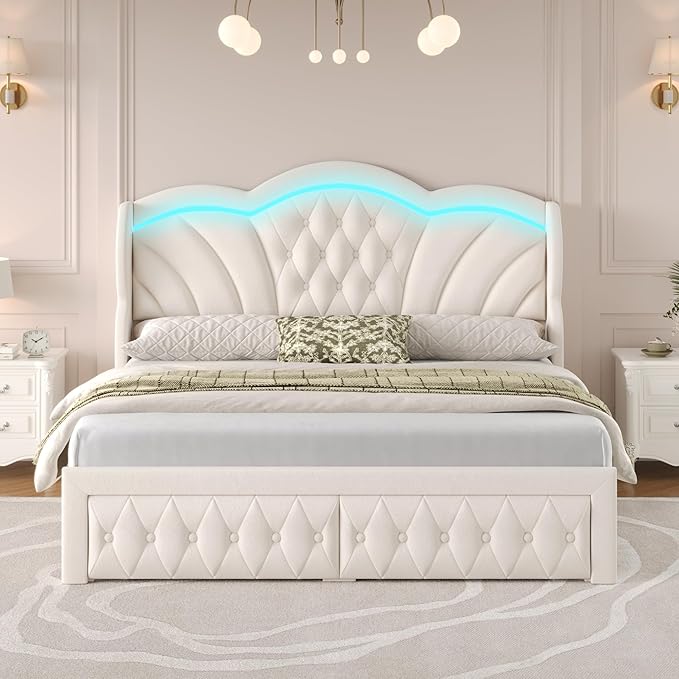 Keyluv Queen Bed Frame with LED Lights and 2 Storage Drawers, Velvet