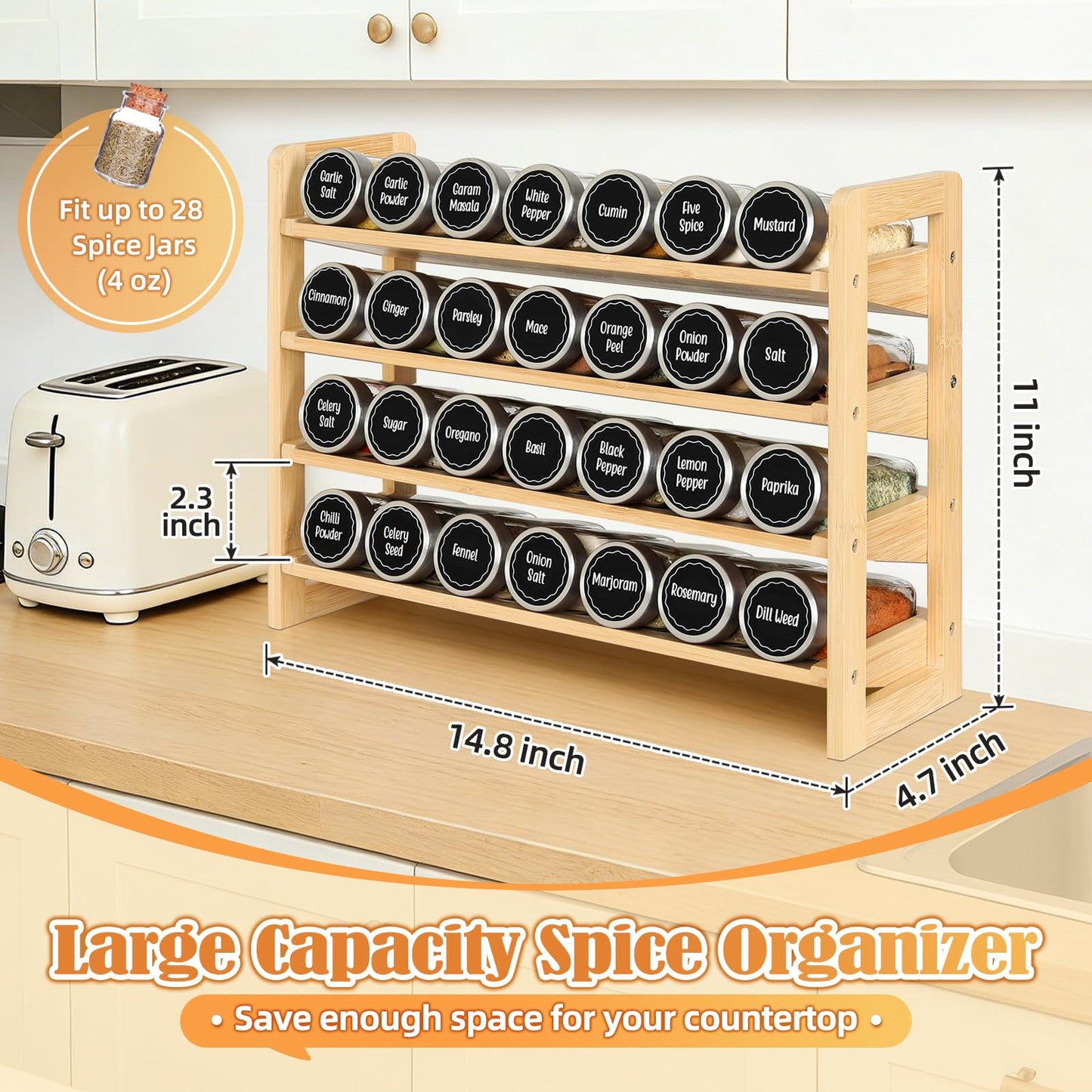 Tfro & Cile Spice Rack Organizer 4-Tier Bamboo Countertop Seasoning Organization for Cabinet Pantry Organizers for Kitchen