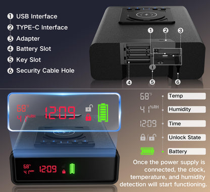 ORARAER Biometric Smart Gun Safe with Wireless Charging, 3 Quick Access Money Box with Fingerprint - Compact Bedside Drawer Safe, 24/7 Digital Clock handgun safe,Gifts for Father's Day